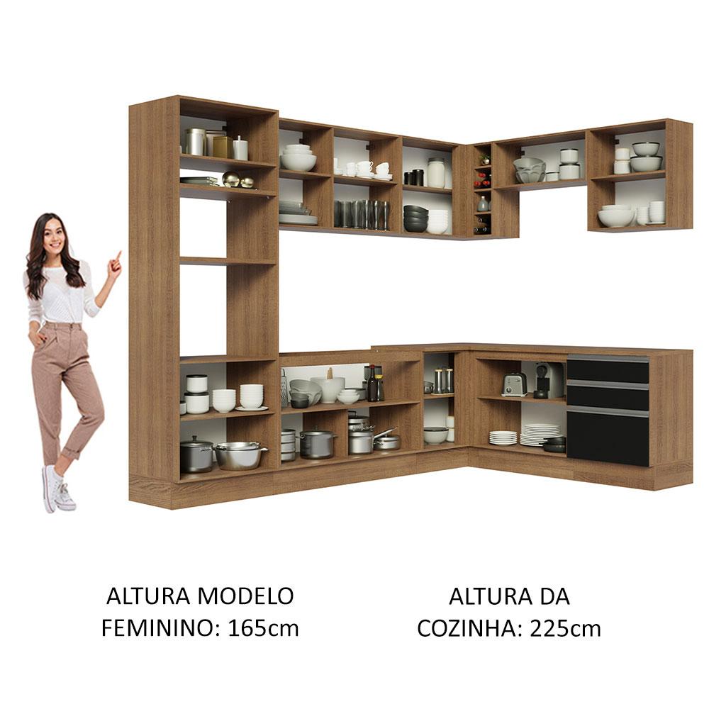 Cozinha Completa de Canto Madesa Glamy 479001 com Armário e Balcão (Sem Tampo e Pia) - Rustic/Preto