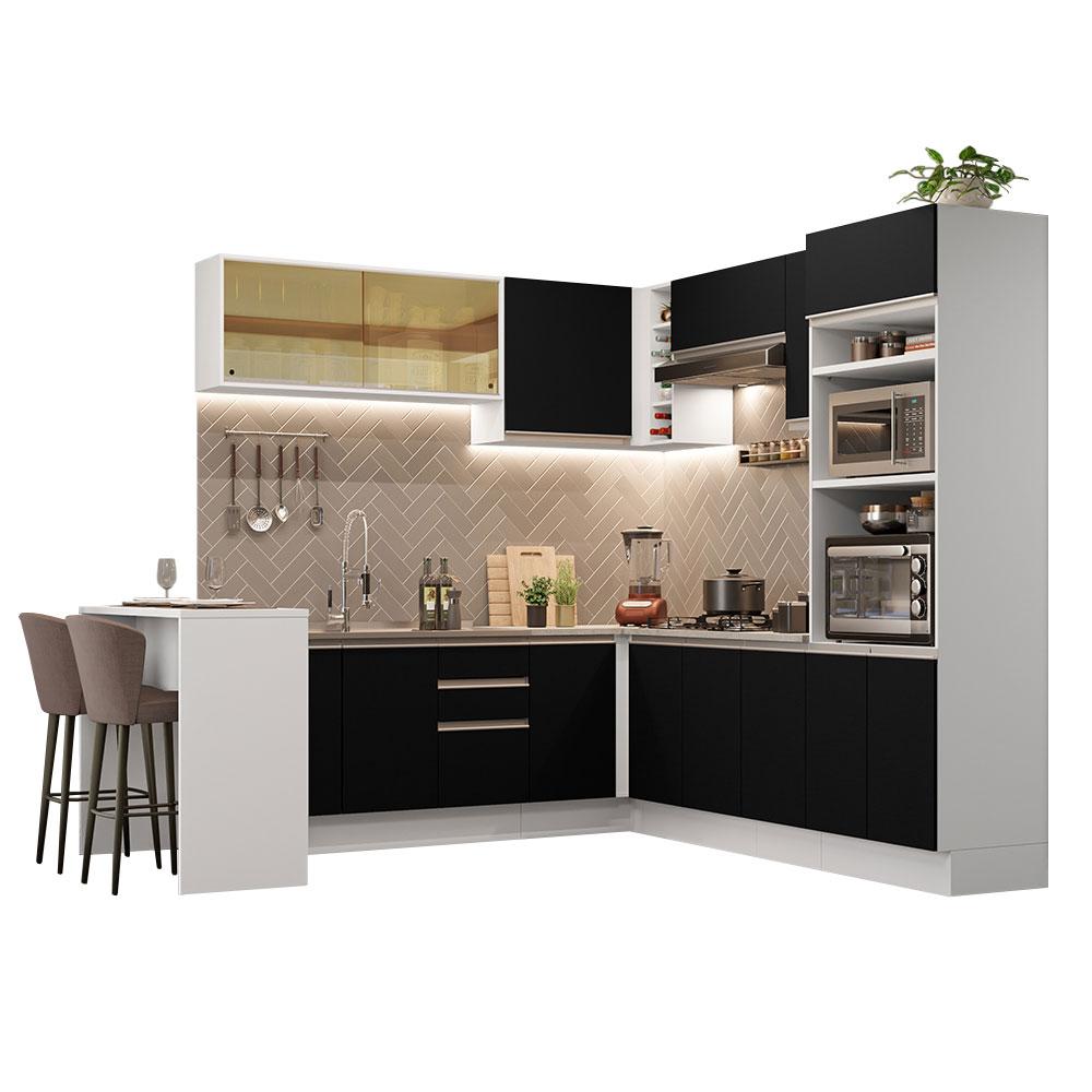 Cozinha Completa de Canto Madesa Glamy 504001  com Armário e Bancada (S/ Tampo e Pia) - Branco/Preto