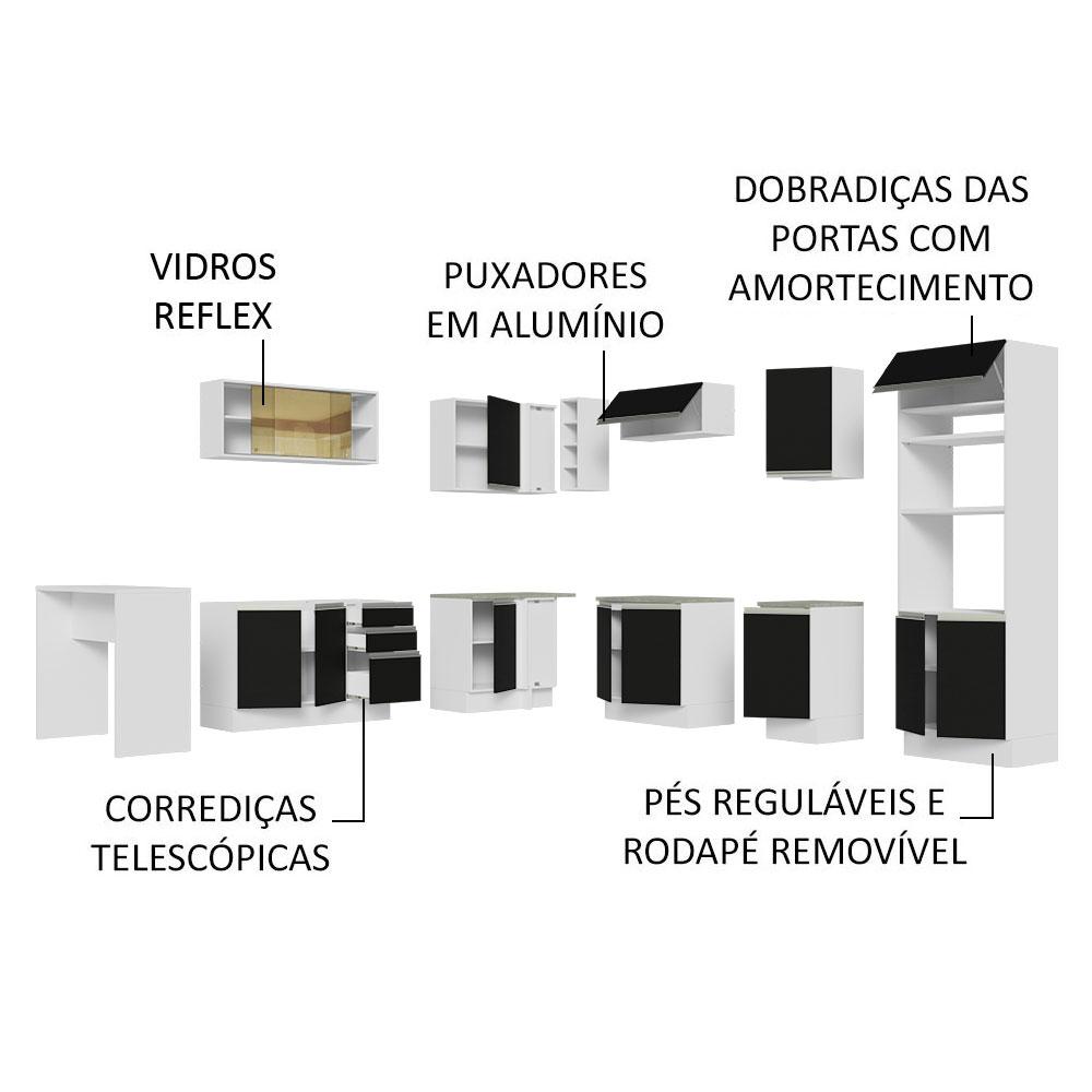 Cozinha Completa de Canto Madesa Glamy 504001  com Armário e Bancada (S/ Tampo e Pia) - Branco/Preto