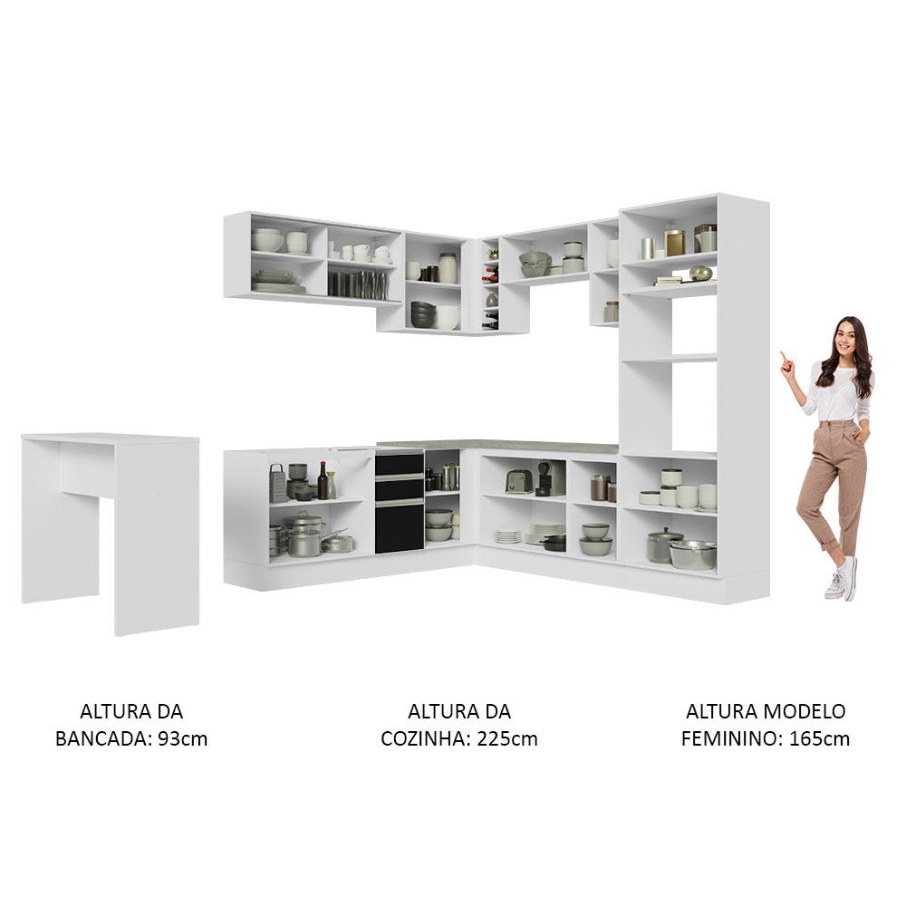 Cozinha Completa de Canto Madesa Glamy 504001  com Armário e Bancada (S/ Tampo e Pia) - Branco/Preto