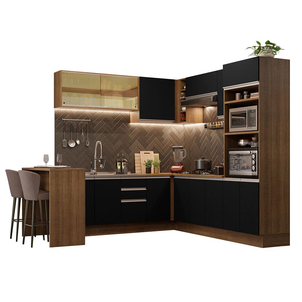 Cozinha Completa de Canto Madesa Glamy 504001  com Armário e Bancada (S/ Tampo e Pia) - Rustic/Preto