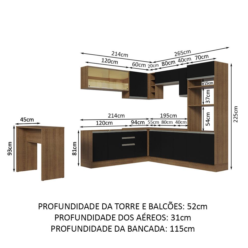 Cozinha Completa de Canto Madesa Glamy 504001  com Armário e Bancada (S/ Tampo e Pia) - Rustic/Preto