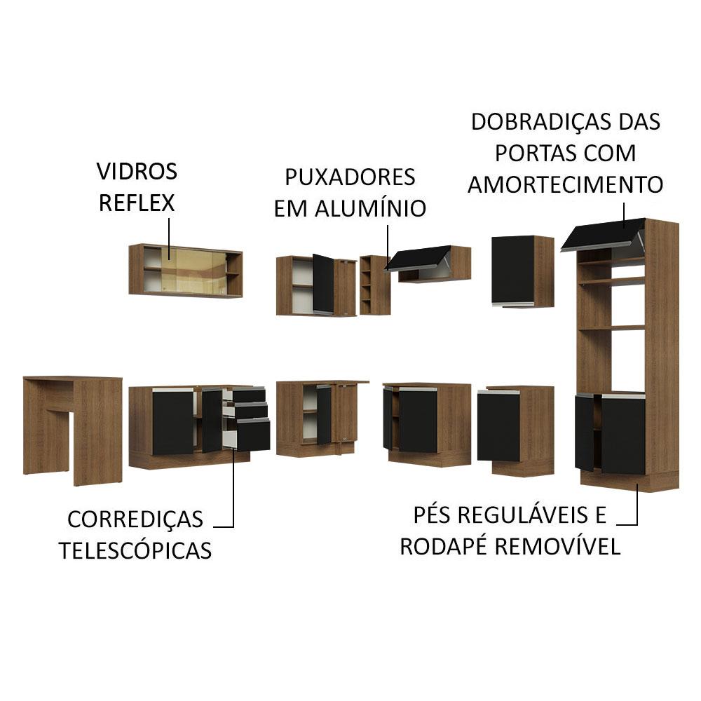 Cozinha Completa de Canto Madesa Glamy 504001  com Armário e Bancada (S/ Tampo e Pia) - Rustic/Preto