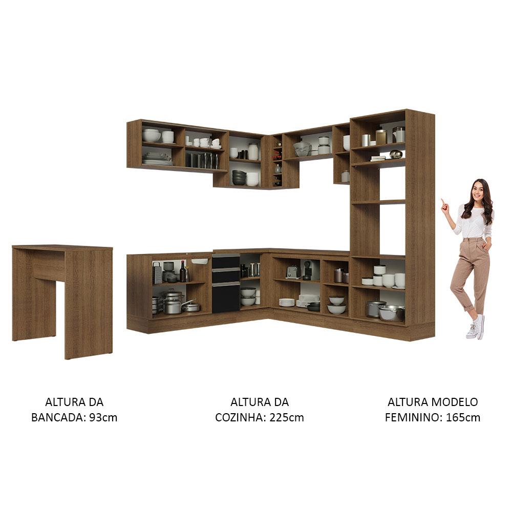 Cozinha Completa de Canto Madesa Glamy 504001  com Armário e Bancada (S/ Tampo e Pia) - Rustic/Preto