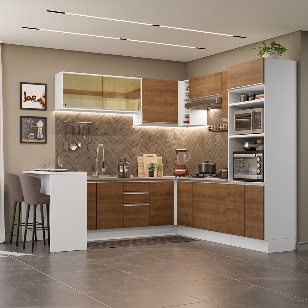 Cozinha Completa de Canto Madesa Glamy 504001 com Armário e Bancada (S/ Tampo e Pia) - Branco/Rustic
