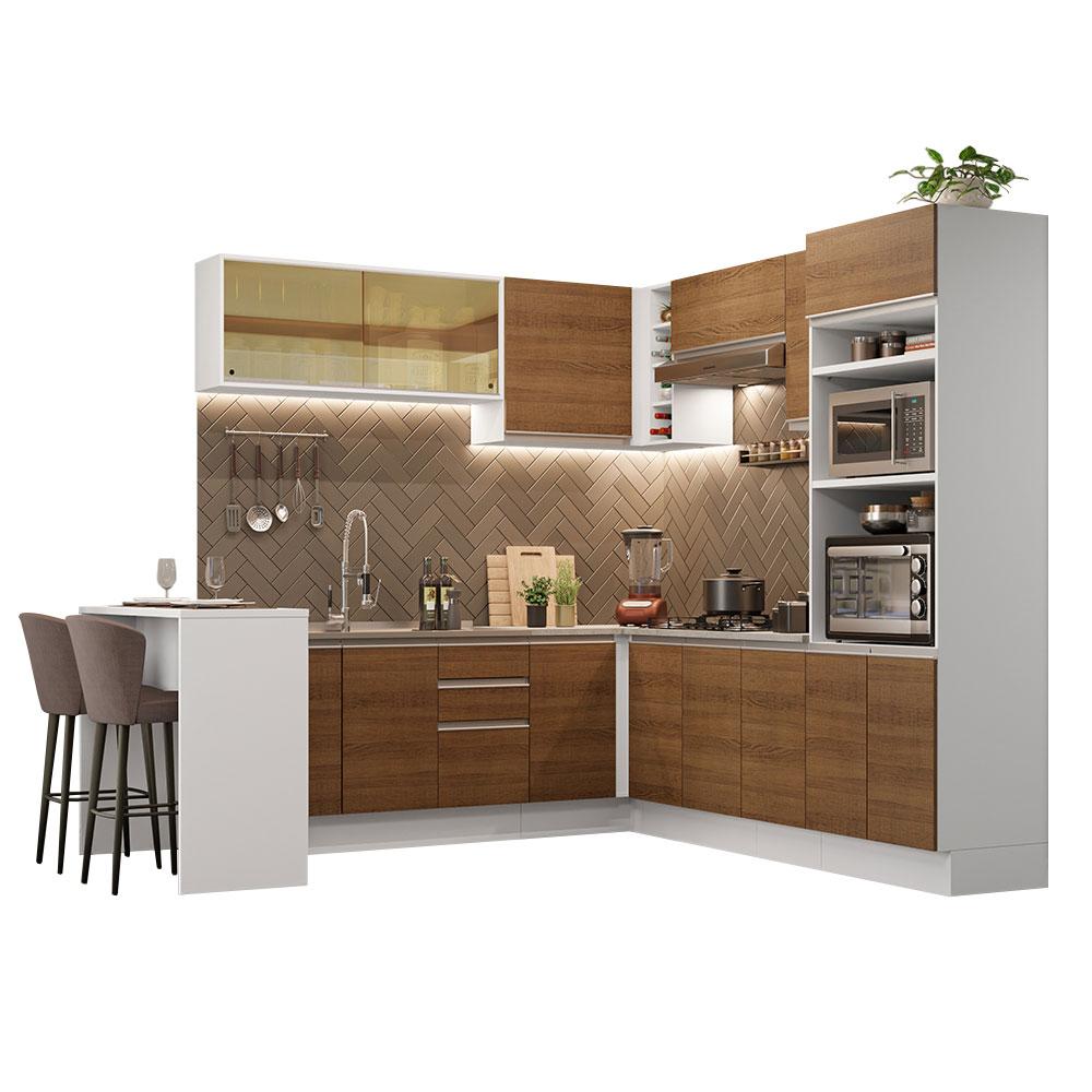 Cozinha Completa de Canto Madesa Glamy 504001 com Armário e Bancada (S/ Tampo e Pia) - Branco/Rustic