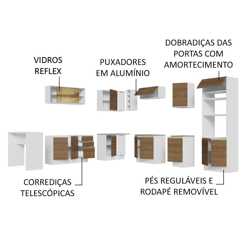 Cozinha Completa de Canto Madesa Glamy 504001 com Armário e Bancada (S/ Tampo e Pia) - Branco/Rustic