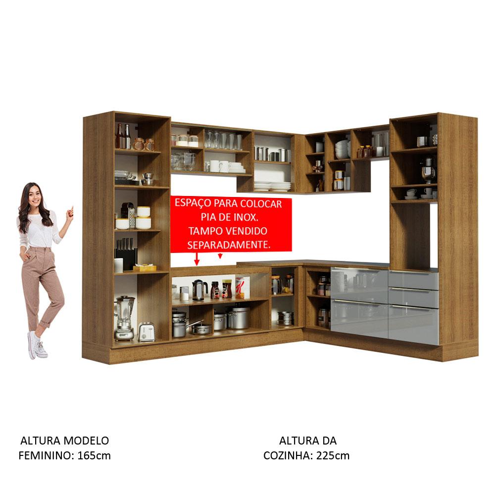 Cozinha Completa de Canto Madesa Lux 526001 com Armário e Balcão - Rustic/Cinza