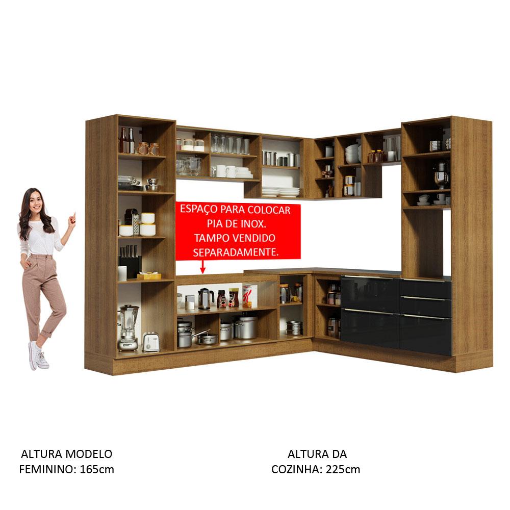 Cozinha Completa de Canto Madesa Lux 526001 com Armário e Balcão - Rustic/Preto
