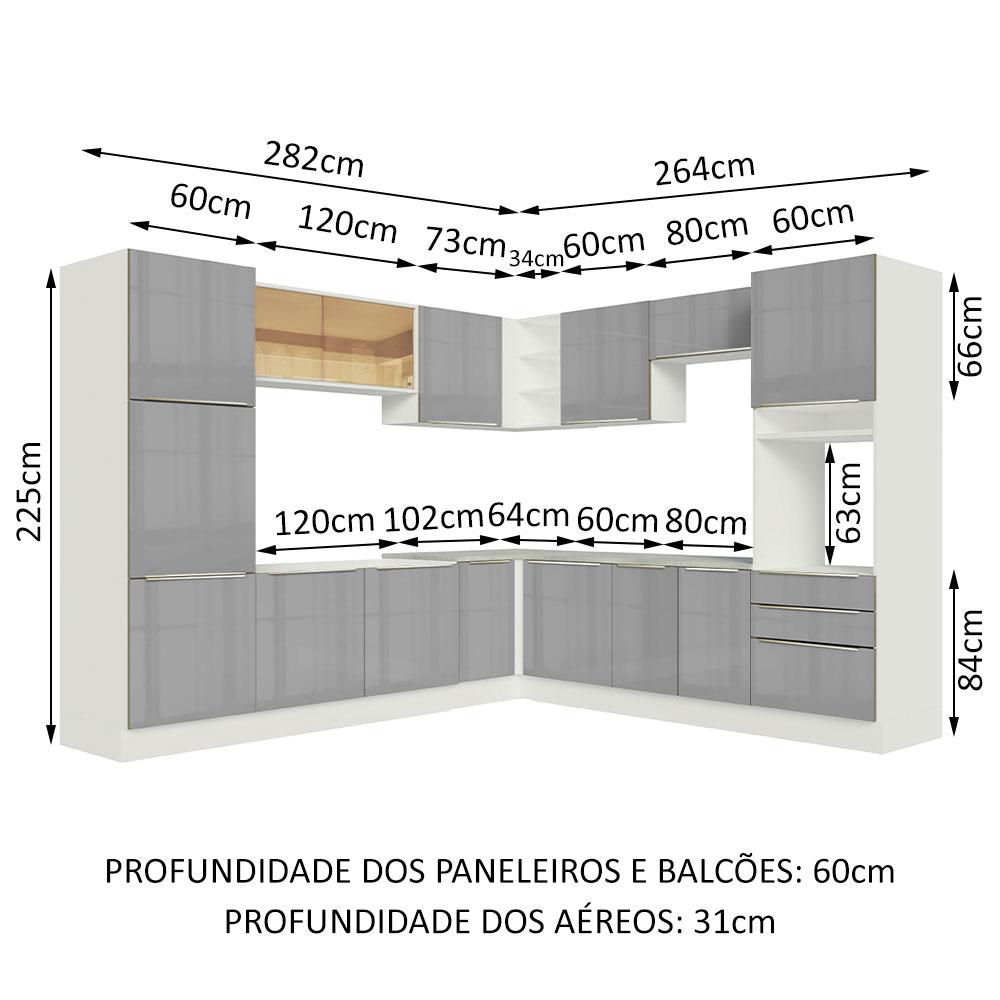 Cozinha Completa de Canto Madesa Lux 546003 com Armário e Balcão - Branco/Cinza