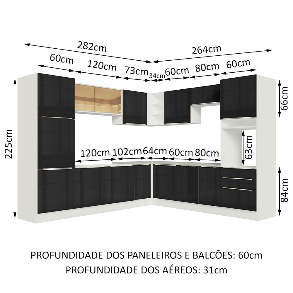Cozinha Completa de Canto Madesa Lux 546003 com Armário e Balcão - Branco/Preto