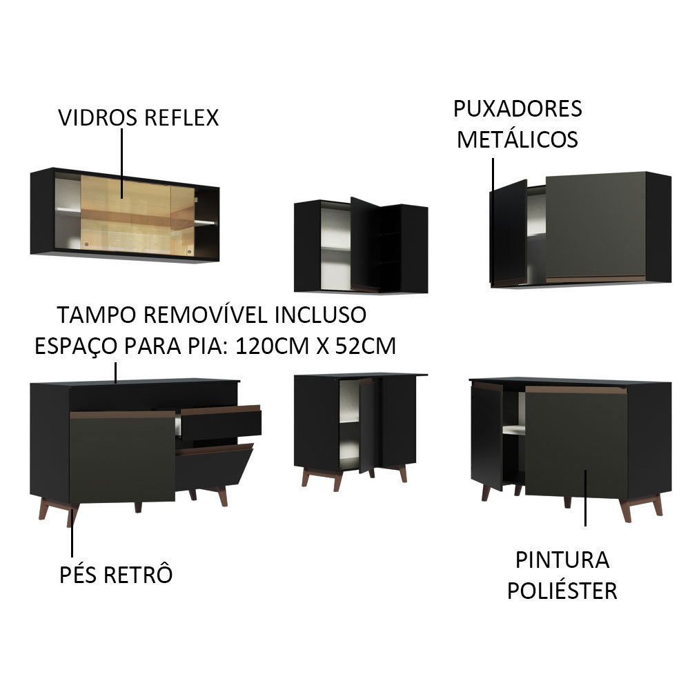 Cozinha Completa de Canto Madesa Reims 382001 com Armário e Balcão - Preto