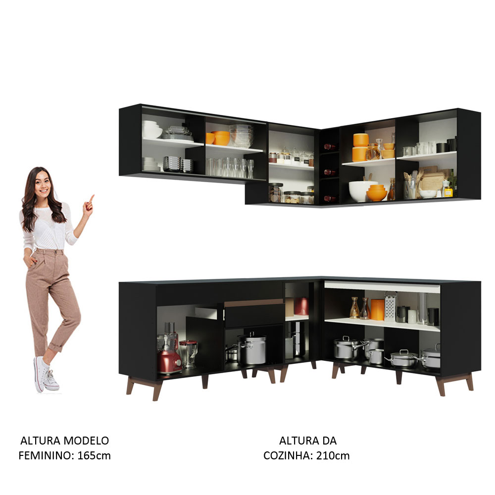 Cozinha Completa de Canto Madesa Reims 382001 com Armário e Balcão - Preto