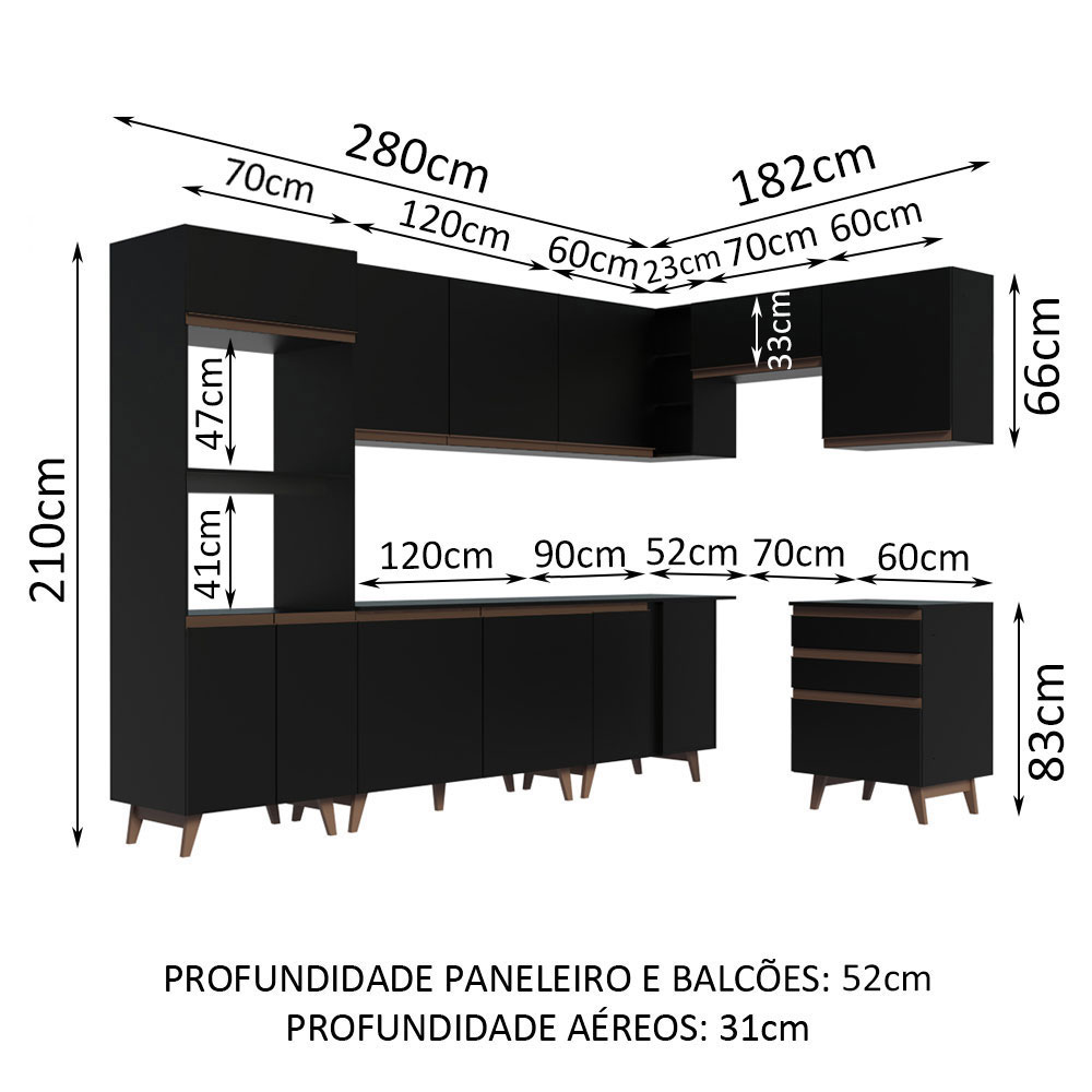 Cozinha Completa de Canto Madesa Reims 462002 com Armário e Balcão - Preto