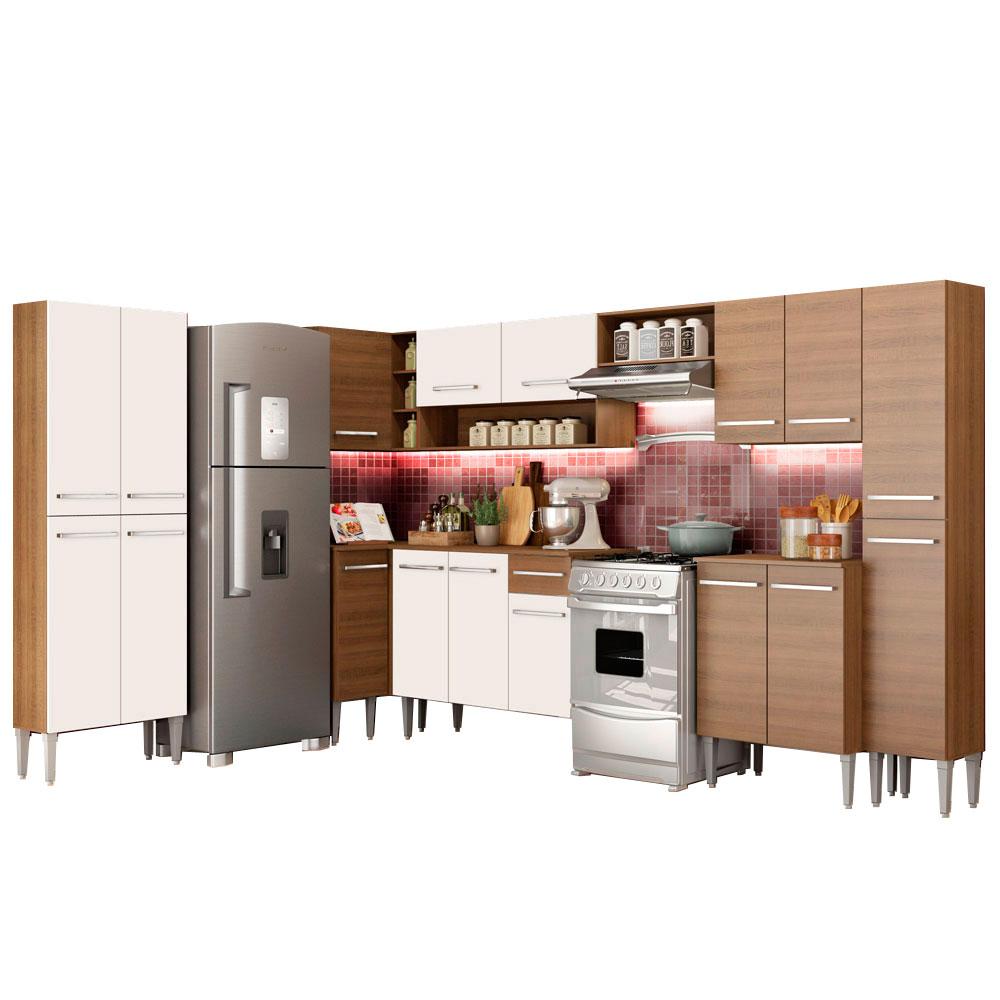 Cozinha Completa de Canto Reto Madesa Emilly Live com Armário e Balcão 17 Portas 1 Gaveta - Rustic/Branco