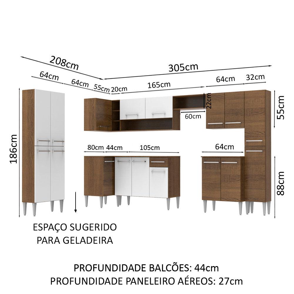 Cozinha Completa de Canto Reto Madesa Emilly Live com Armário e Balcão 17 Portas 1 Gaveta - Rustic/Branco