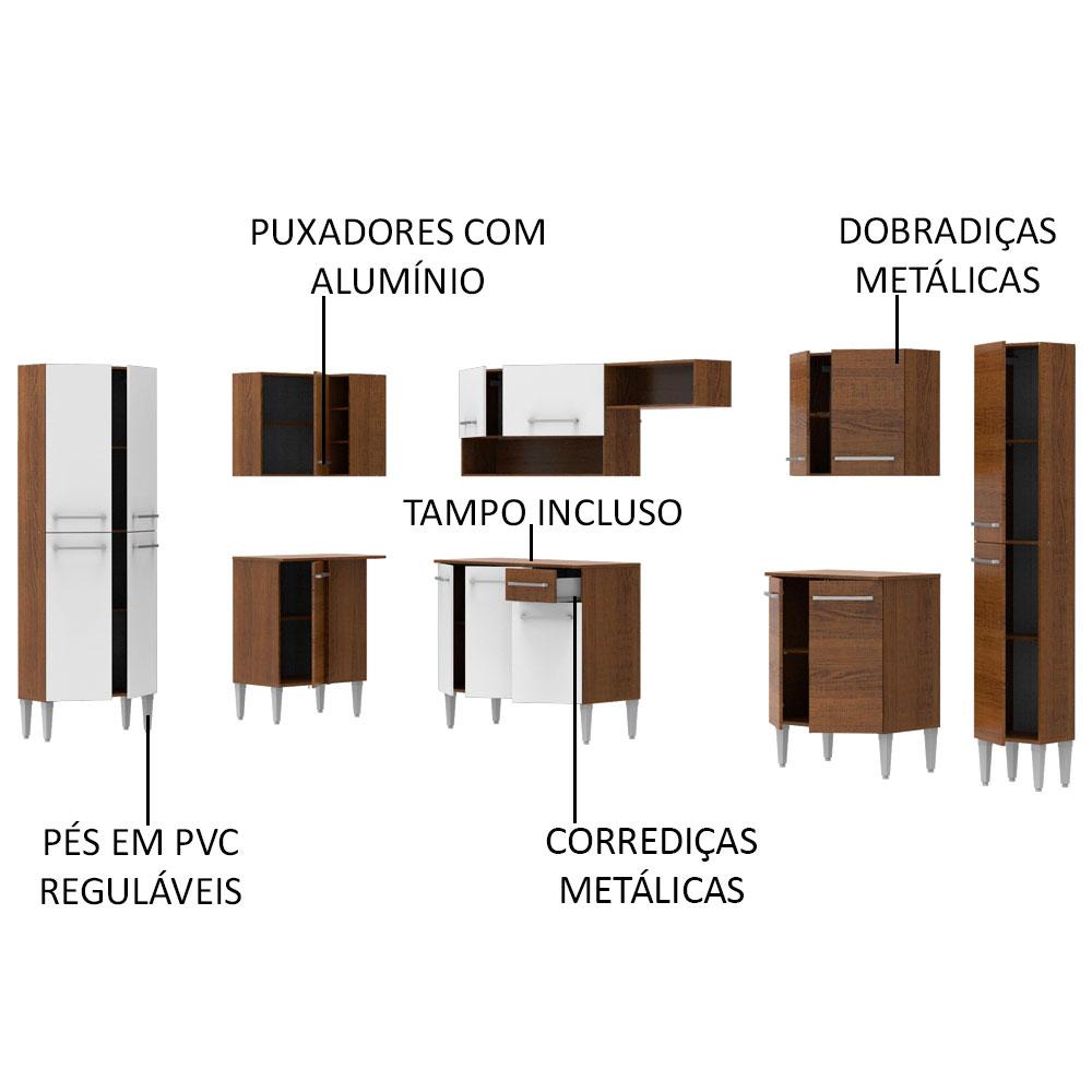 Cozinha Completa de Canto Reto Madesa Emilly Live com Armário e Balcão 17 Portas 1 Gaveta - Rustic/Branco