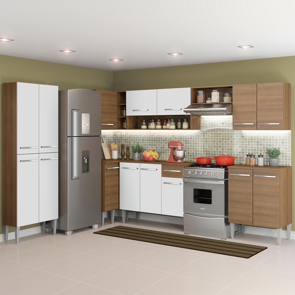 Cozinha Completa de Canto Reto Madesa Emilly Moon com Armário e Balcão 15 Portas 1 Gaveta - Rustic/Branco