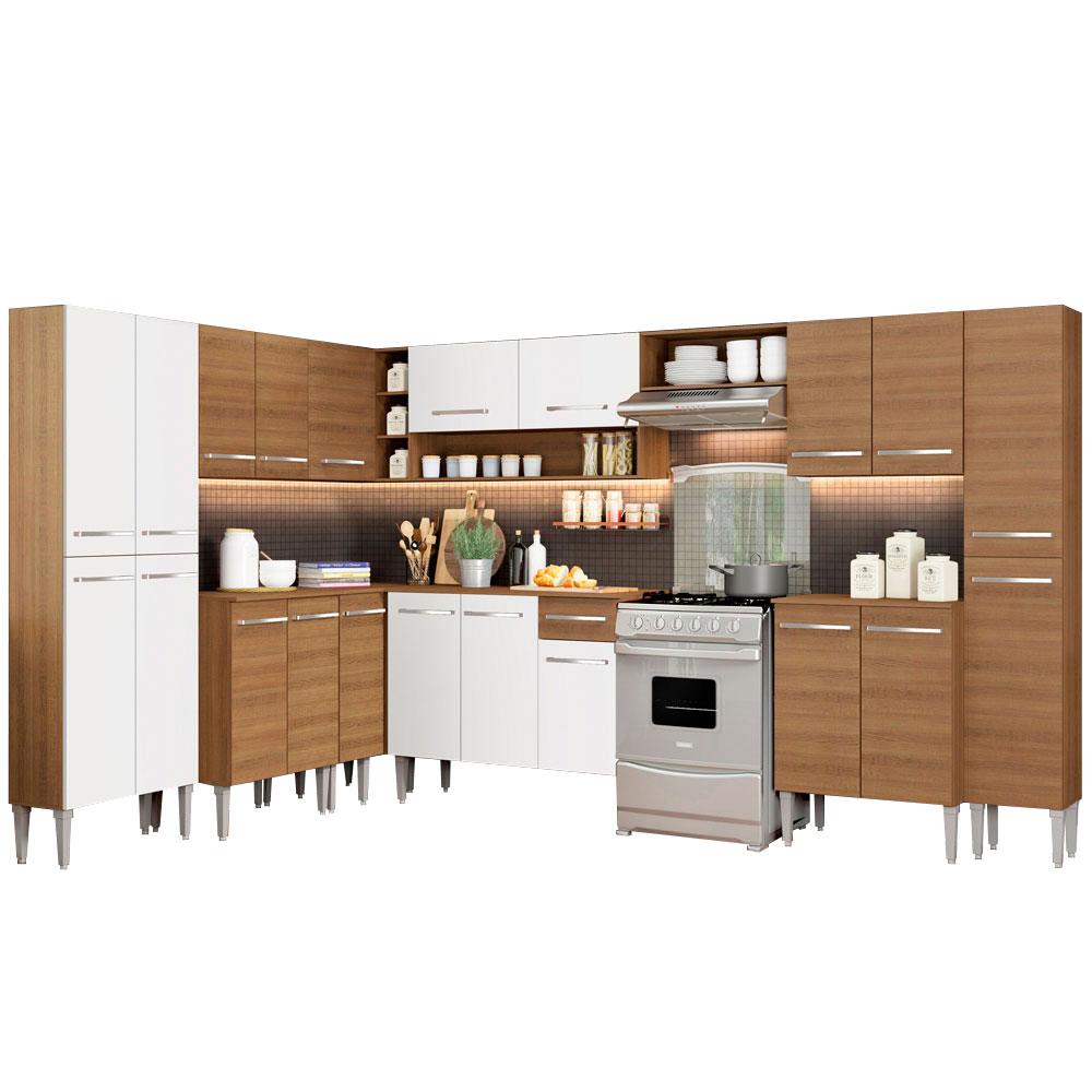 Cozinha Completa de Canto Reto Madesa Emilly Big com Armário e Balcão 21 Portas 1 Gaveta - Rustic/Branco