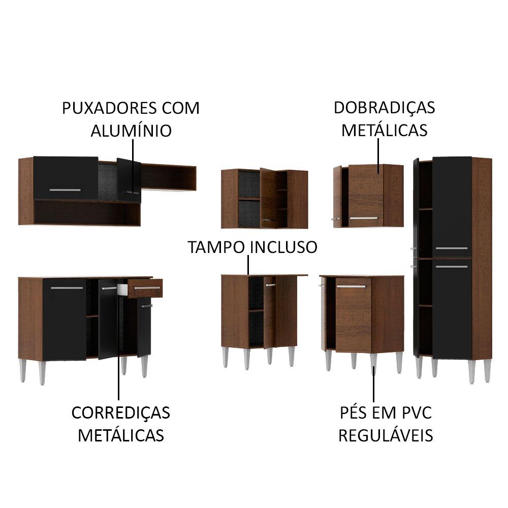 Cozinha Completa de Canto Reto Madesa Emilly Ice com Armário e Balcão 15 Portas 1 Gaveta - Rustic/Preto