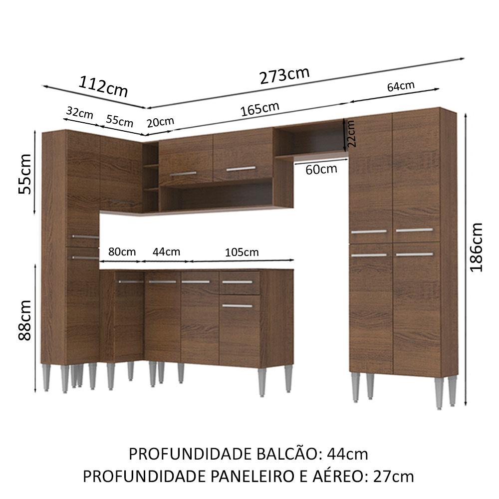 Cozinha Completa de Canto Reto Madesa Emilly Love com Armário e Balcão 13 Portas 1 Gaveta - Rustic