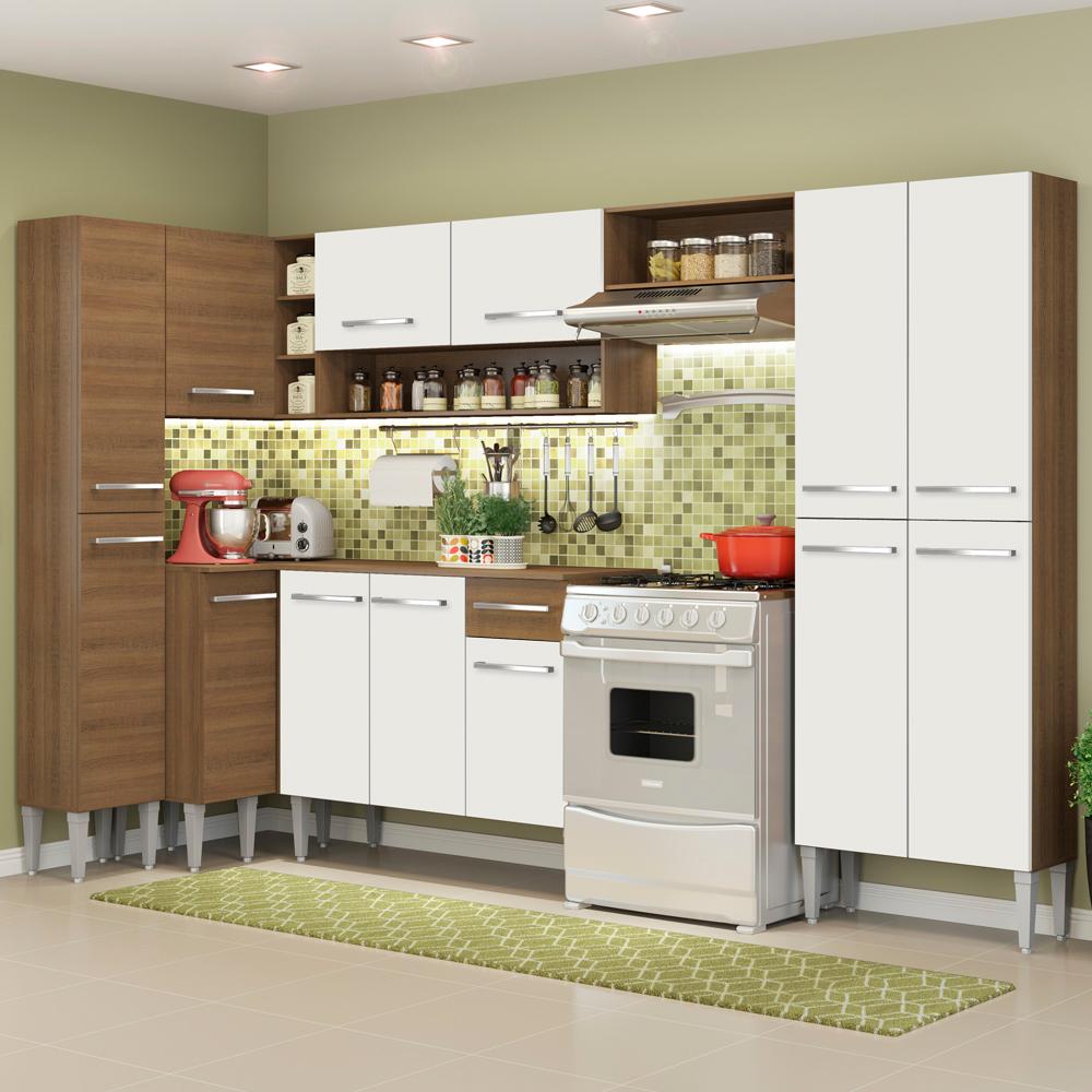 Cozinha Completa de Canto Reto Madesa Emilly Love com Armário e Balcão 13 Portas 1 Gaveta - Rustic/Branco