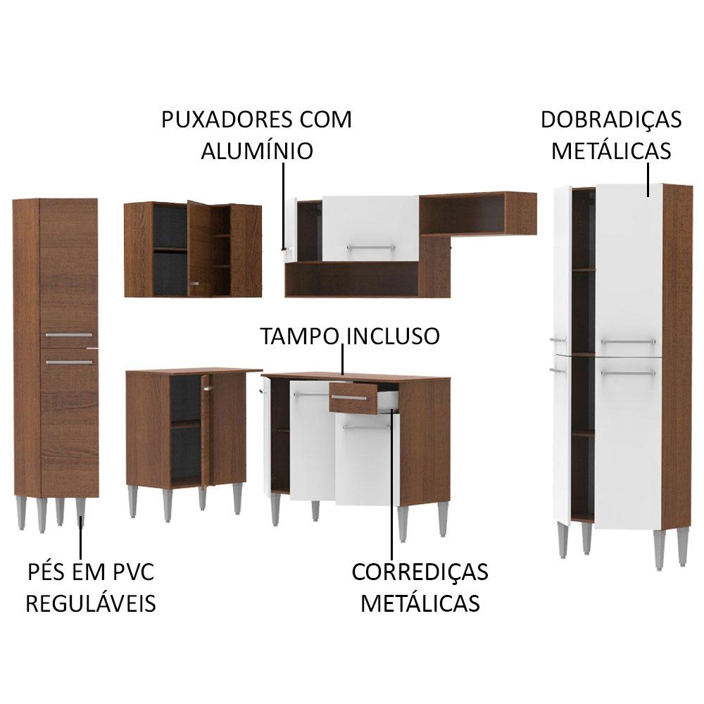 Cozinha Completa de Canto Reto Madesa Emilly Love com Armário e Balcão 13 Portas 1 Gaveta - Rustic/Branco