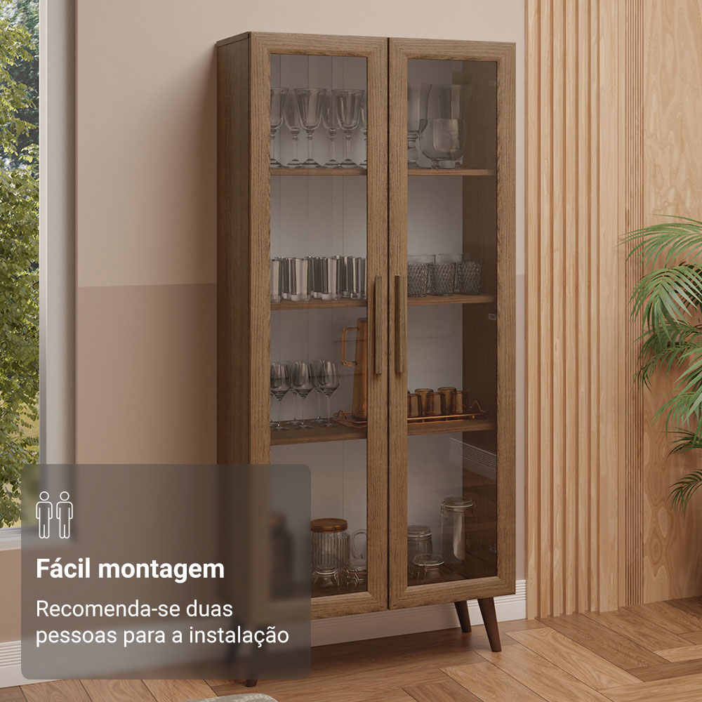 Cristaleira 70 cm 2 Portas de Vidro com Pés Cônicos Rustic/Marrom Madesa