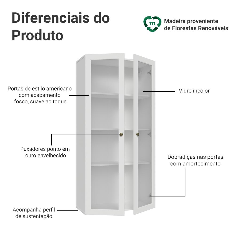Cristaleira Suspensa 70 cm 2 Portas de Vidro Branco Vik Madesa