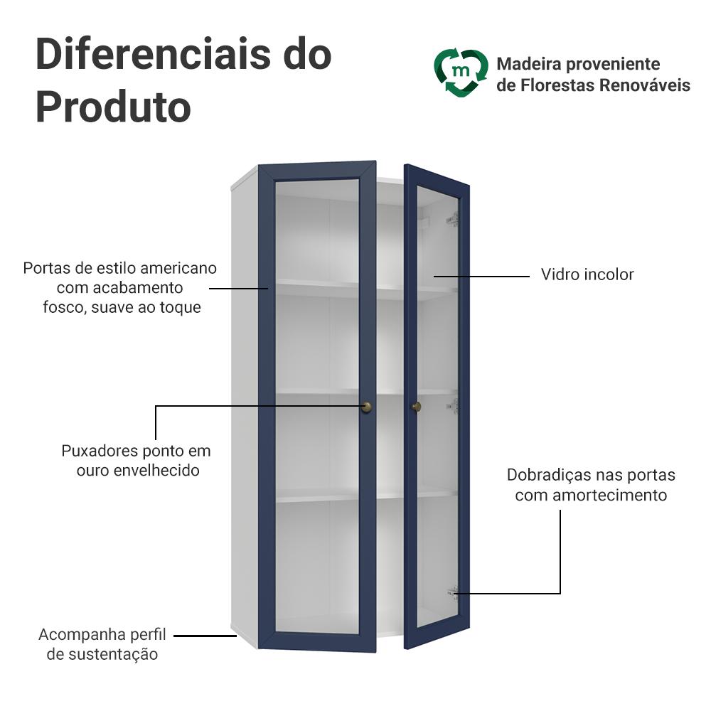 Cristaleira Suspensa 70 cm 2 Portas de Vidro Branco/Azul Vik Madesa