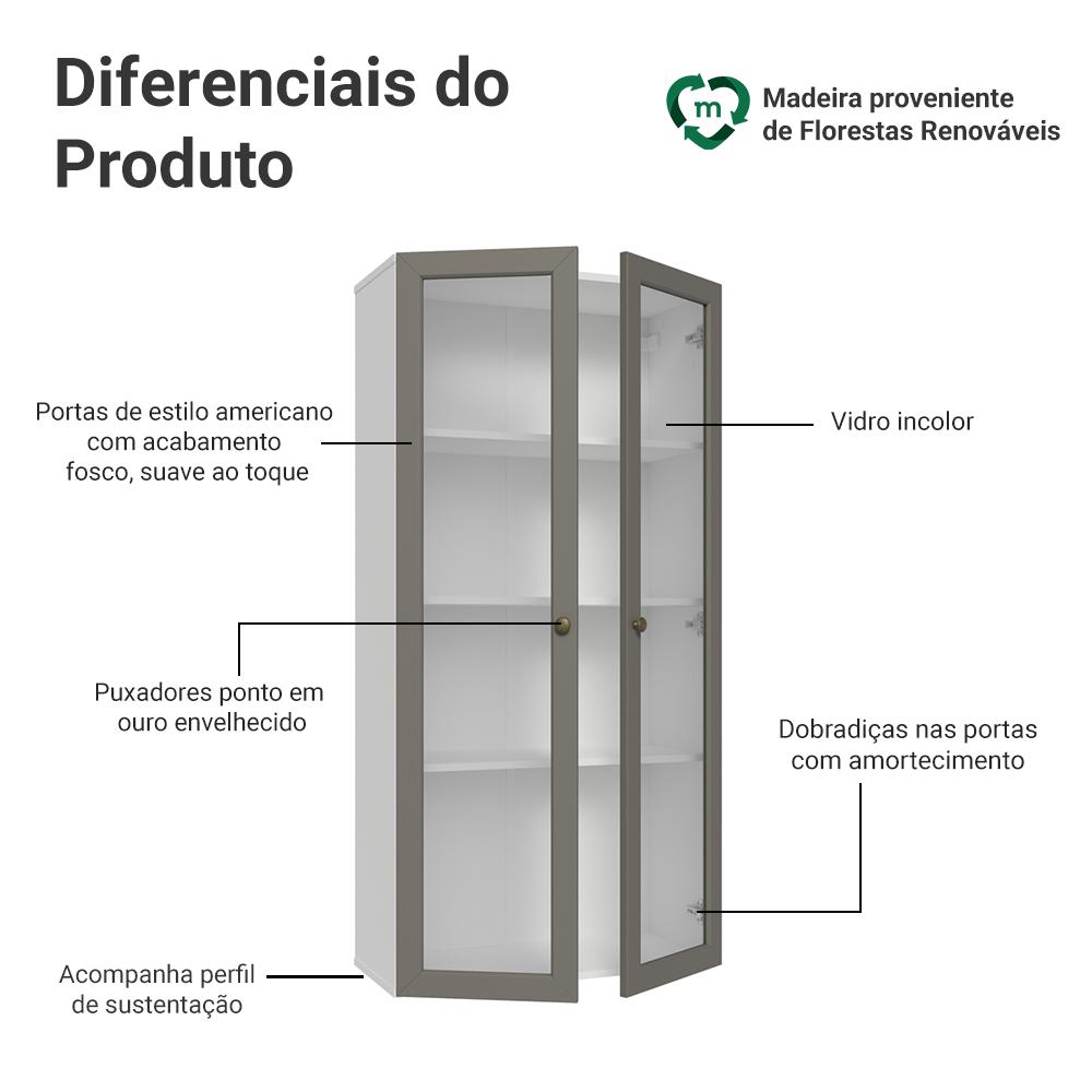 Cristaleira Suspensa 70 cm 2 Portas de Vidro Branco/Cinza Vik Madesa