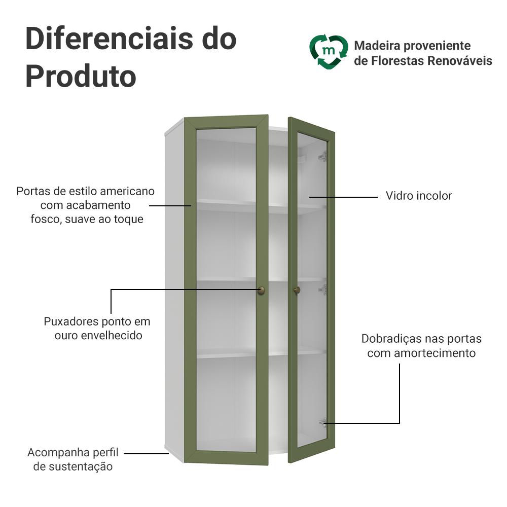 Cristaleira Suspensa 70 cm 2 Portas de Vidro Branco/Verde Vik Madesa