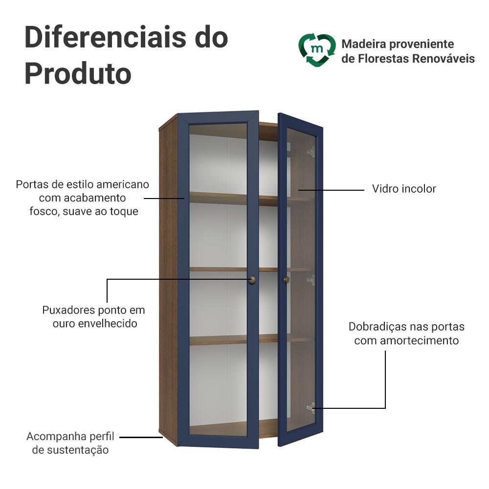 Cristaleira Suspensa 70 cm 2 Portas de Vidro Rustic/Azul Vik Madesa