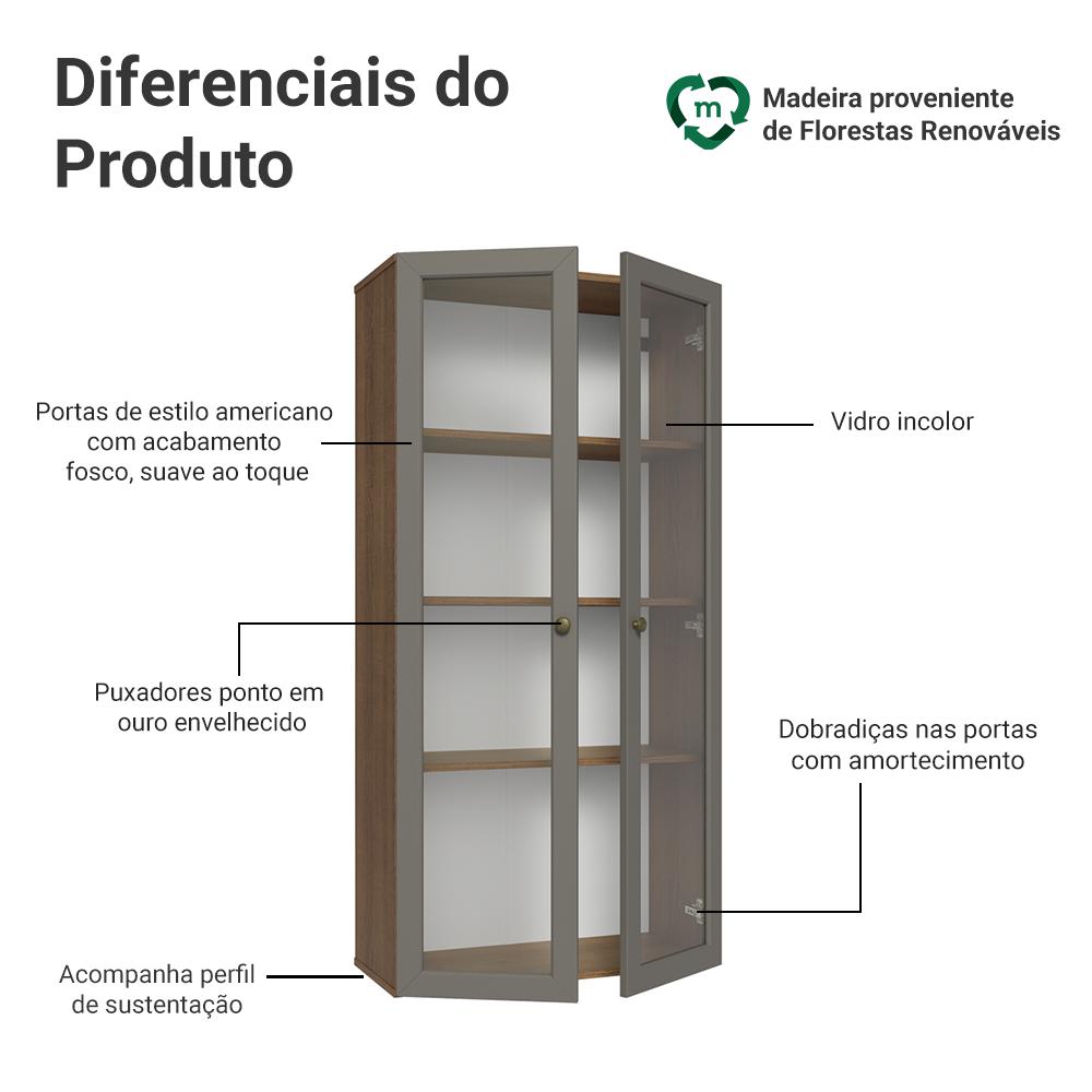 Cristaleira Suspensa 70 cm 2 Portas de Vidro Rustic/Cinza Vik Madesa