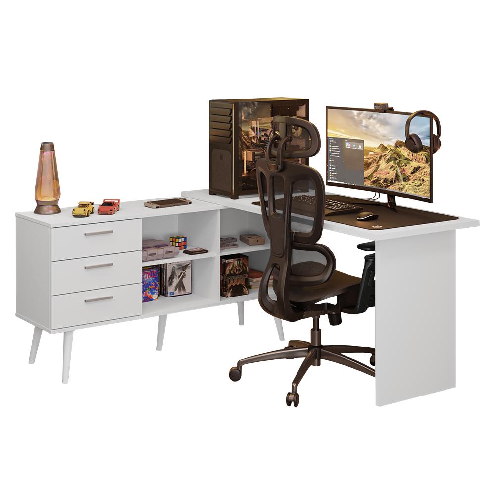 Escrivaninha Em L Mesa Para Computador Gamer 3 Gavetas Branco Lisboa Madesa