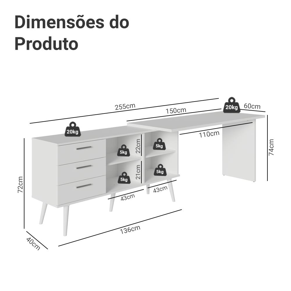 Escrivaninha Em L Mesa Para Computador Gamer 3 Gavetas Branco Lisboa Madesa