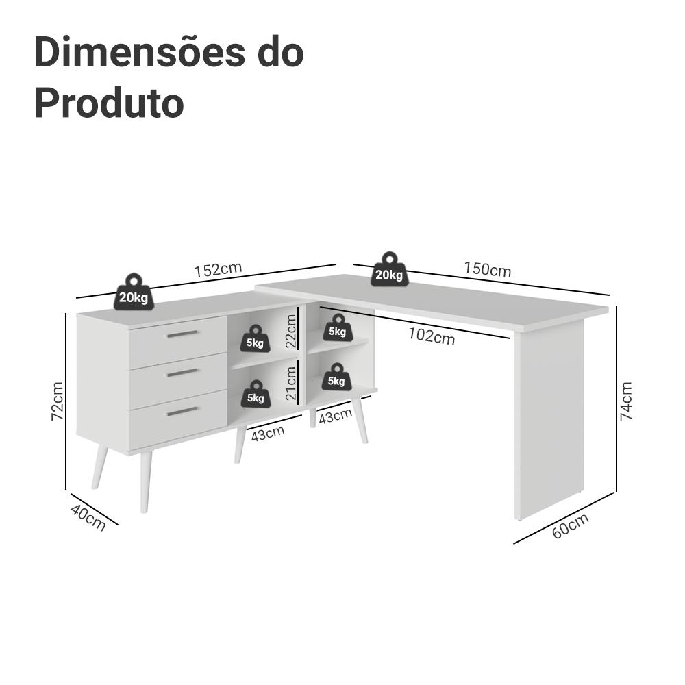 Escrivaninha Em L Mesa Para Computador Gamer 3 Gavetas Branco Lisboa Madesa