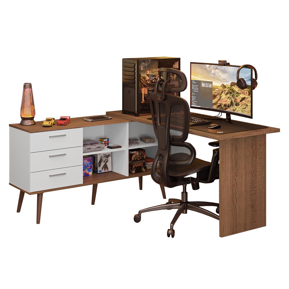 Escrivaninha Em L Mesa Para Computador Gamer 3 Gavetas Branco/Rustic Lisboa Madesa