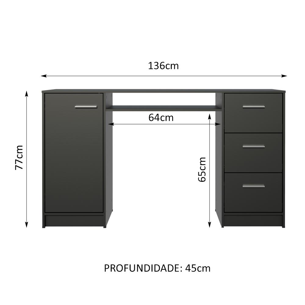 Escrivaninha Madesa Alaska 3 Gavetas 1 Porta - Preto