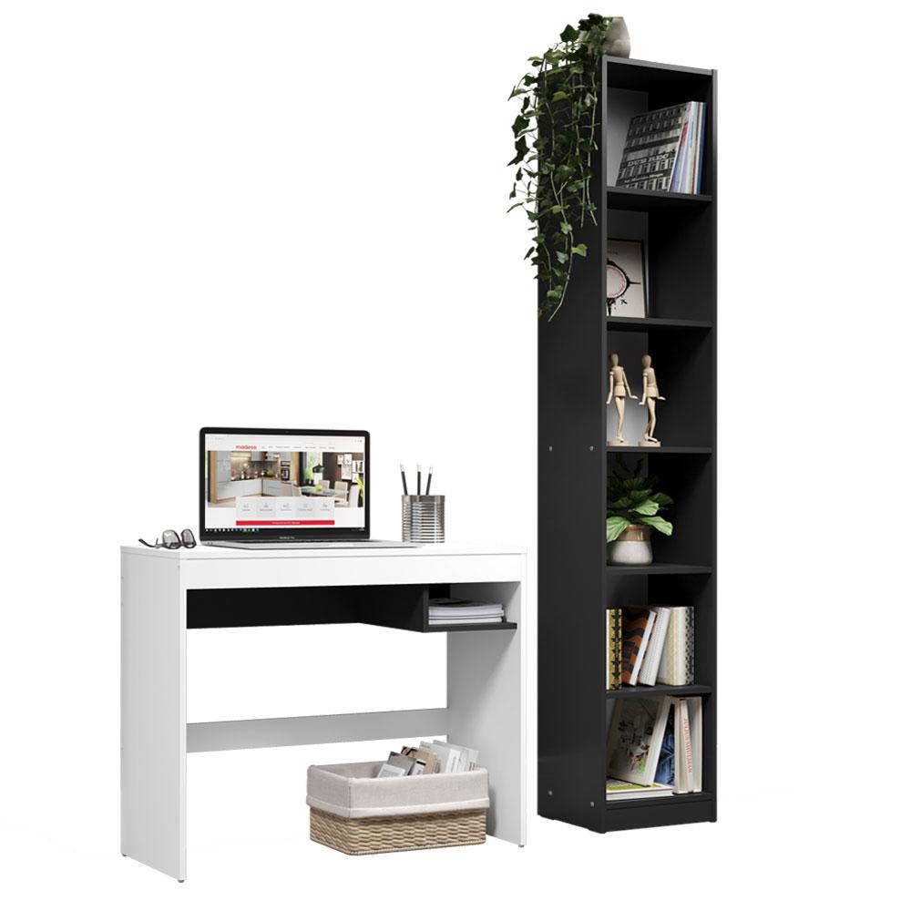 Escrivaninha Madesa Rubi + Estante Livreiro 6906 - Branco/Preto
