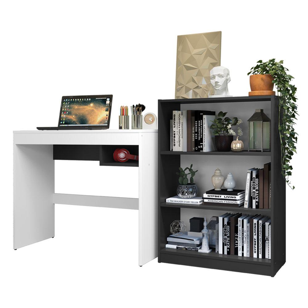 Escrivaninha Madesa Rubi + Estante Livreiro 6907 - Branco/Preto