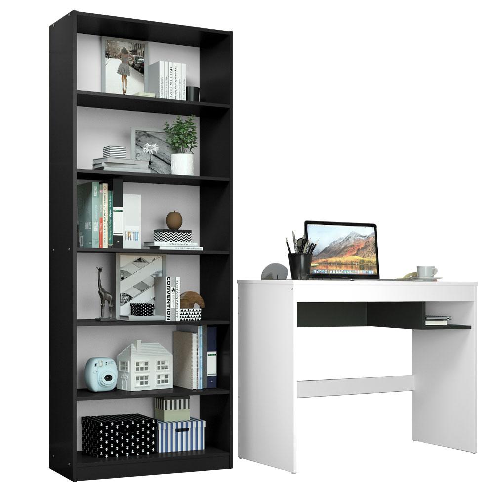 Escrivaninha Madesa Rubi + Estante Livreiro 6908 - Branco/Preto