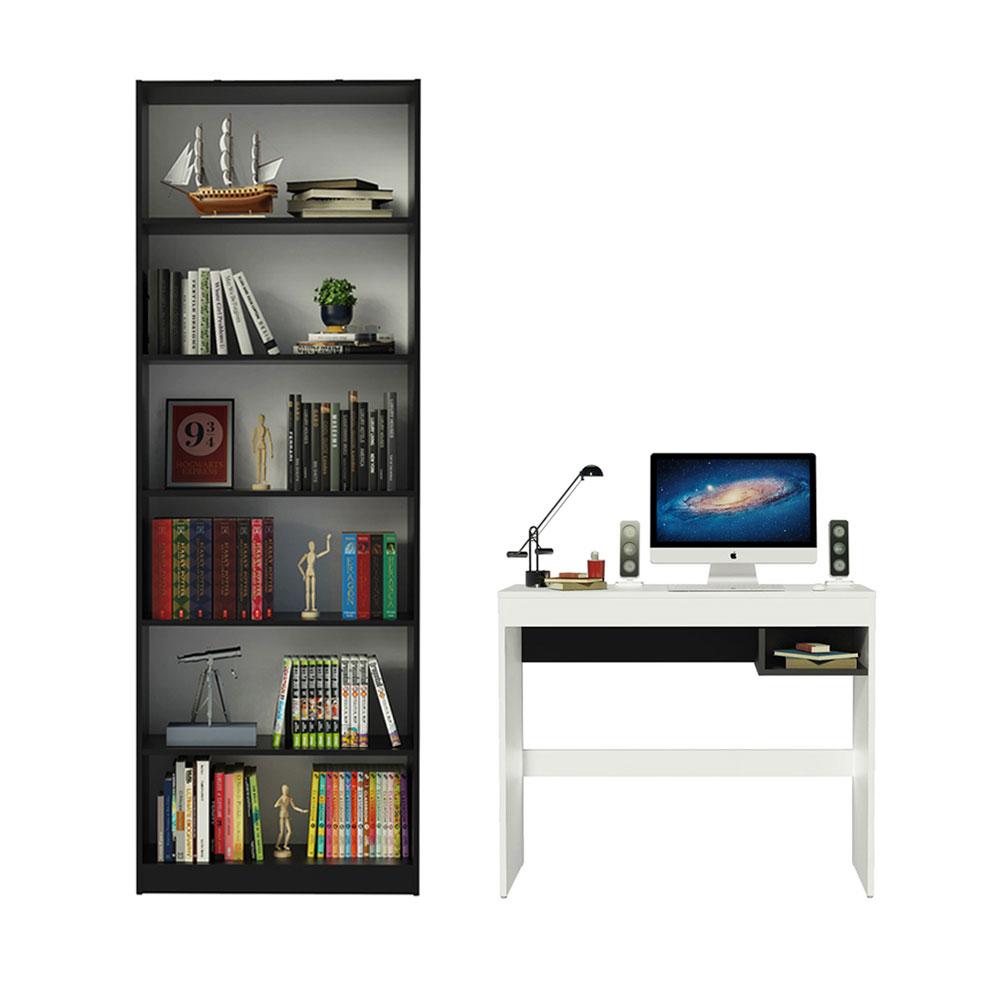 Escrivaninha Madesa Rubi + Estante Livreiro 6908 - Branco/Preto