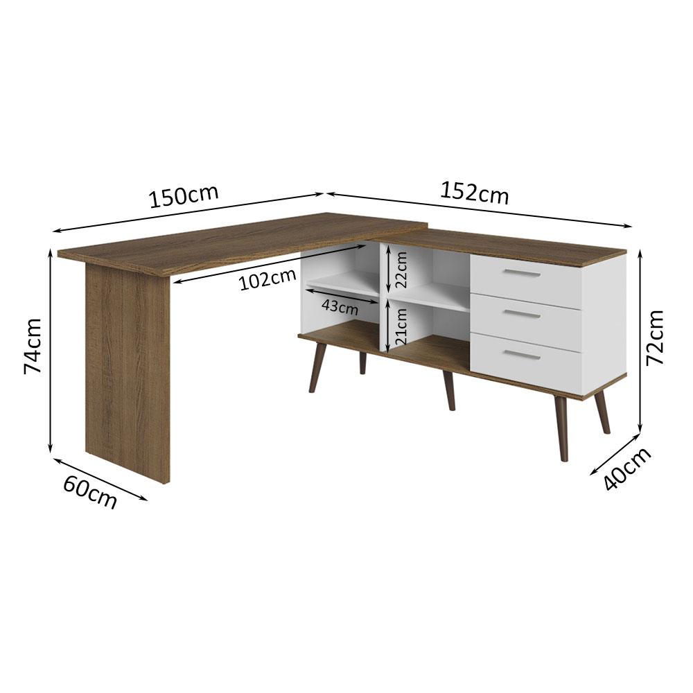 Escrivaninha Mesa de Escritório de Canto 3 Gavetas Branco/Rustic Lisboa Madesa