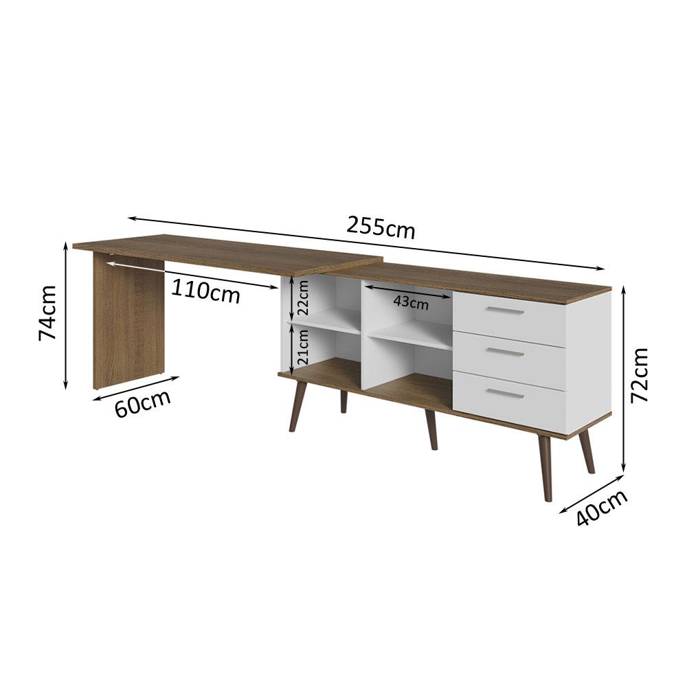 Escrivaninha Mesa de Escritório de Canto 3 Gavetas Branco/Rustic Lisboa Madesa