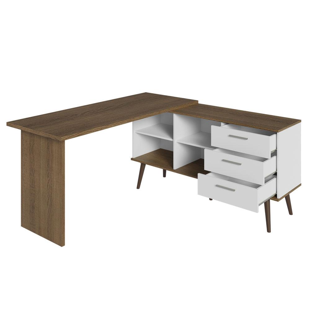Escrivaninha Mesa de Escritório de Canto 3 Gavetas Branco/Rustic Lisboa Madesa