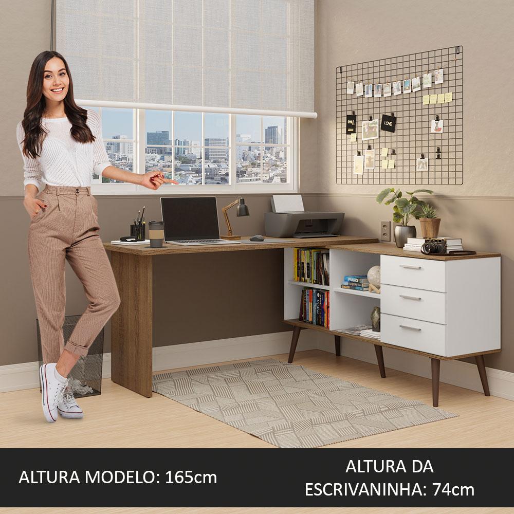 Escrivaninha Mesa de Escritório de Canto 3 Gavetas Branco/Rustic Lisboa Madesa