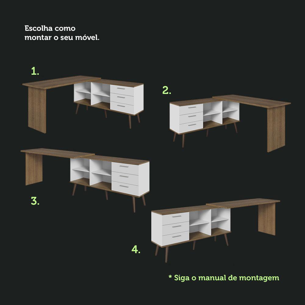 Escrivaninha Mesa de Escritório de Canto 3 Gavetas Branco/Rustic Lisboa Madesa