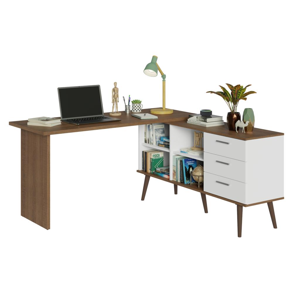 Escrivaninha Mesa de Estudos De Canto 3 Gavetas Branco/Rustic Lisboa Madesa