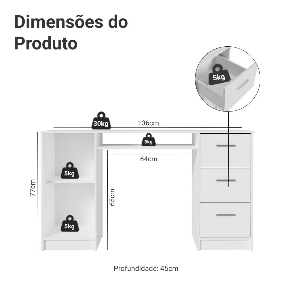 Escrivaninha Penteadeira 136cm 1 Porta 3 Gavetas Branco Madesa